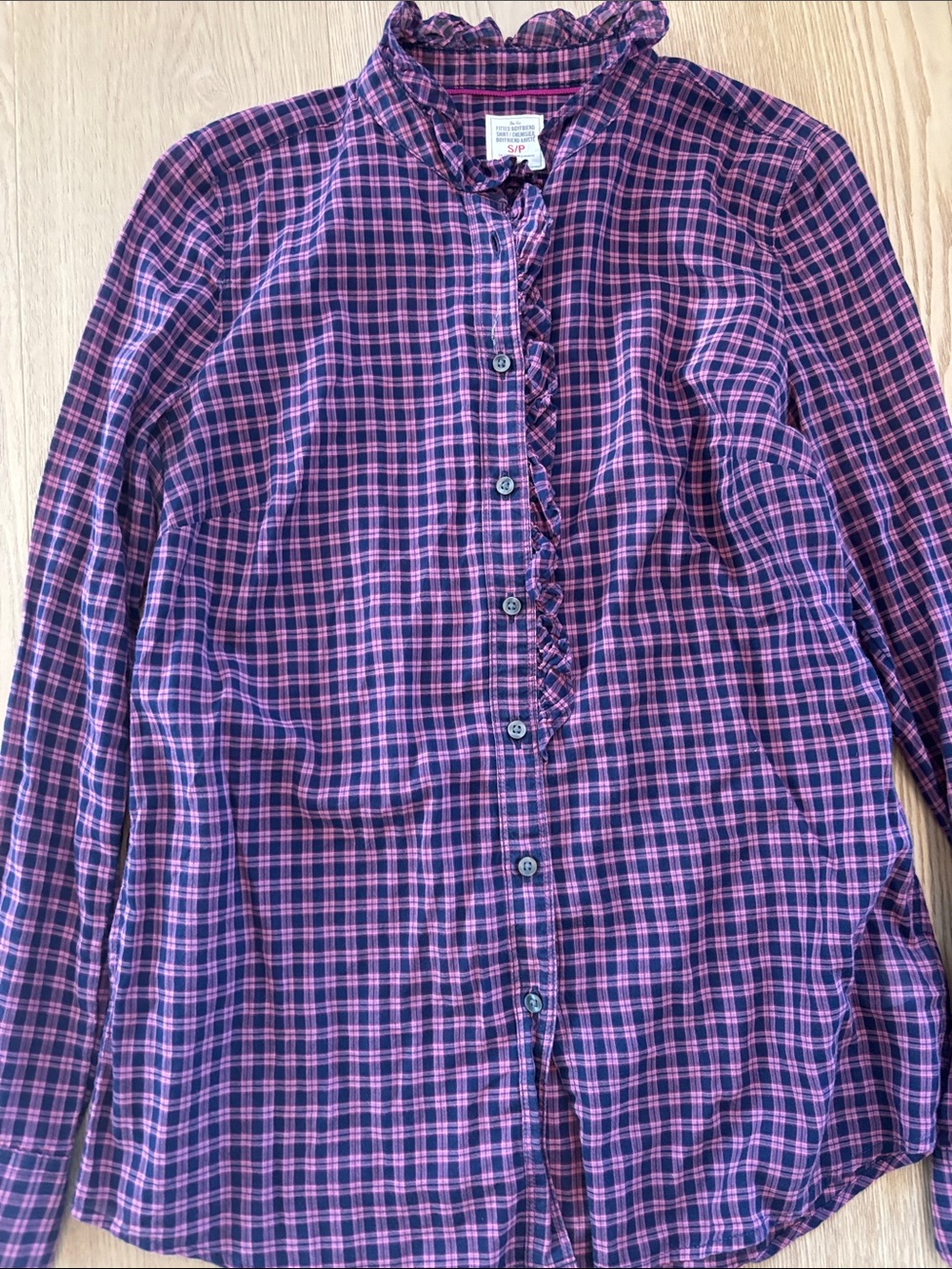 GAP Pink & Purple Plaid Ruffle Collar Button-Down Shirt